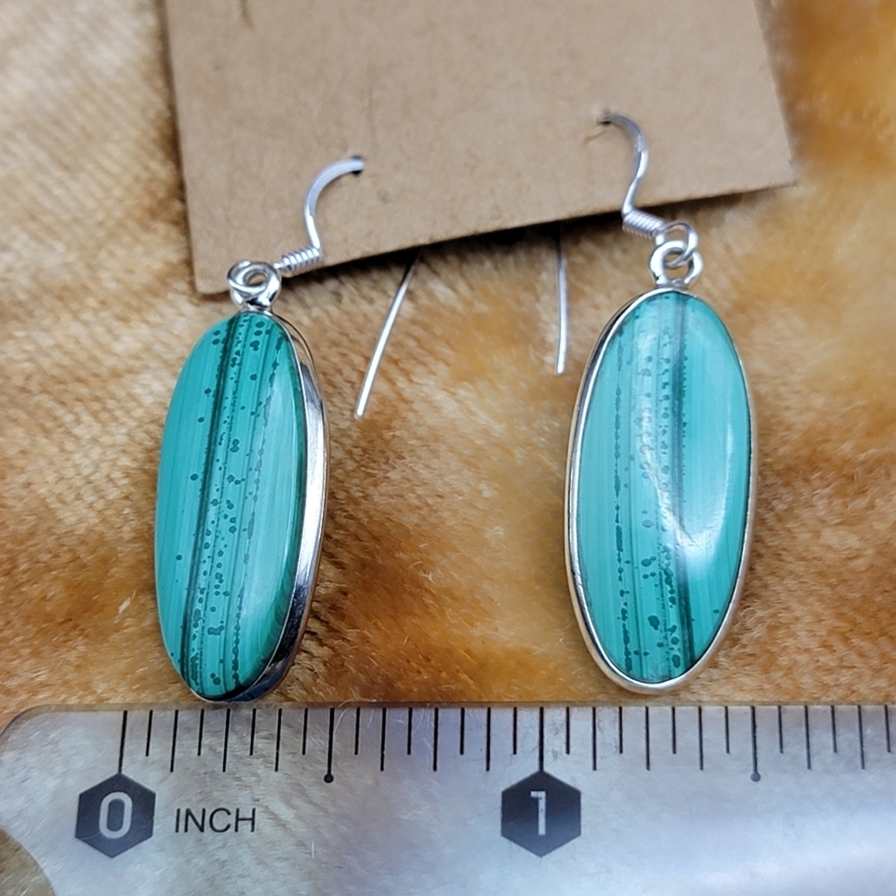 NEW Unique Double Sided Malachite & .925 Sterling Silver Dangle Earrings Boho - Picture 5 of 11
